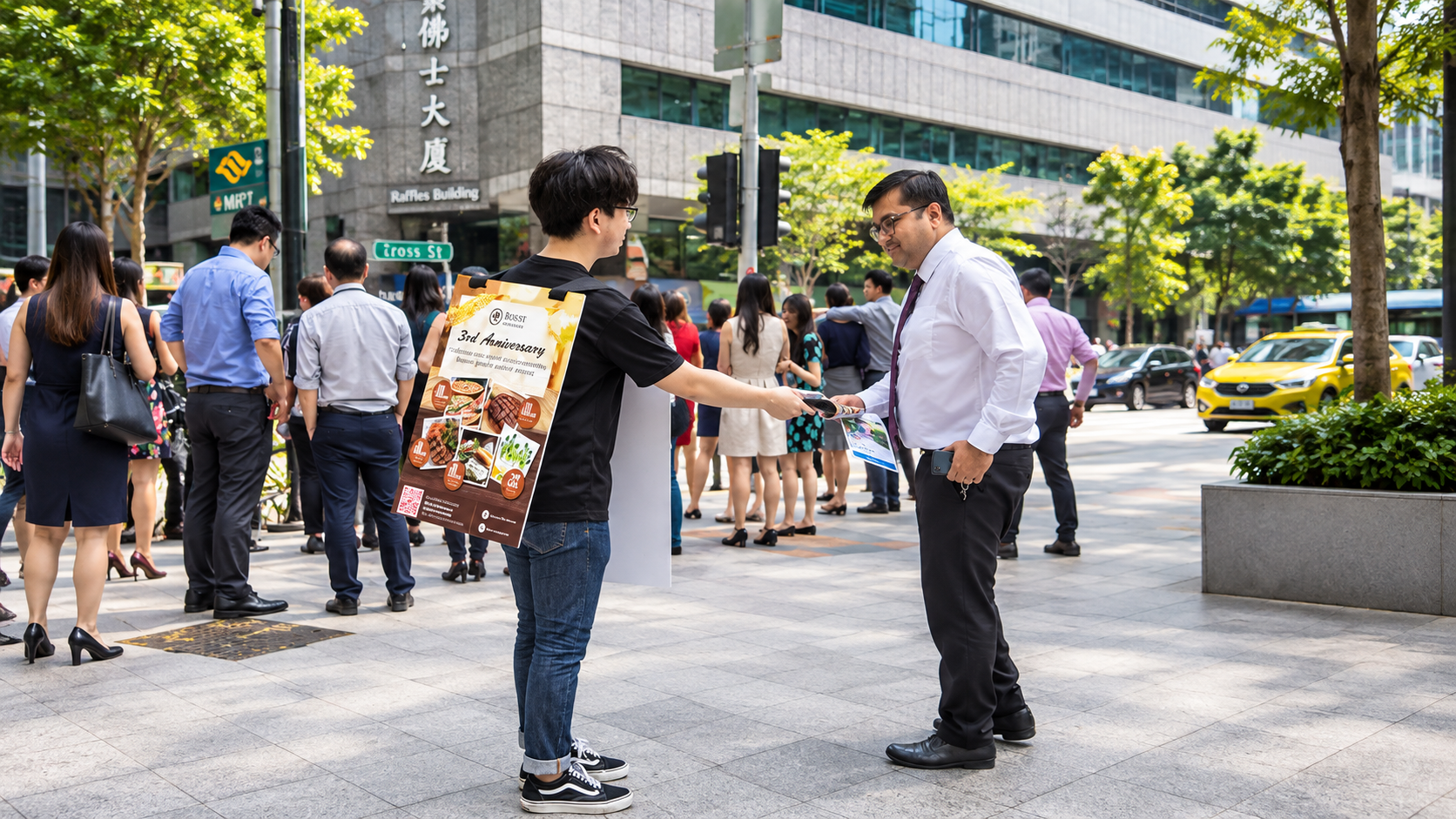 High foot traffic pedestrian crossing in Singapore during peak hours, suitable for flyer distribution jobs and street marketing